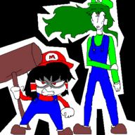 2girls angry artist:2hufag breasts cap cosplay gritted_teeth hat looking_at_viewer looking_away looking_to_the_side luigi mallet mario nintendo reimu_hakurei sanae_kochiya small small_breasts super_mario sweat sweating tall teeth touhou // 400x400 // 25KB