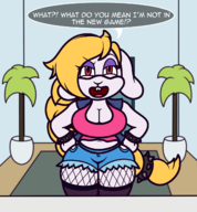 1girl anthro artist:gaianex breasts cleavage colored eye_shadow fishnet fishnet_stockings furry glasses hands_on_hips hariet huge_breasts jean_shorts jorts looking_at_viewer open_mouth rabbit rabbit_girl shorts super_mario super_mario_odyssey talking text thigh_highs // 1235x1331 // 548KB