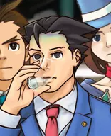 1girl 2boys ace_attorney apollo_justice black_hair blue_eyes brown_eyes brown_hair colored cup drinking hat phoenix_wright short_hair suit tie trucy_wright // 600x740 // 275KB