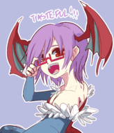1girl braces colored darkstalkers glasses lilith_aensland purple_hair red_eyes short_hair smile text wings // 1281x1500 // 706KB