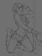 1girl artist:unknown boots cowboy_hat fallout hat midriff monochrome on_knees pole rose_of_sharon_cassidy shorts stripper_pole wip // 444x586 // 20KB