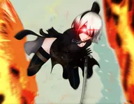 1girl artist:asdask cleavage_cutout glowing_eyes metal_gear_rising nier nier_automata short_hair silver_hair solo yorha yorha_no._2_type_b // 3000x2345 // 1.4MB