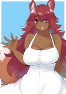 1girl animal_ears artist:dweller1215 cleavage dark_skin huge_breasts purple_eyes red_hair sundress tail terraria waving zoologist // 1166x1651 // 811KB