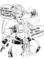 1boy 1girl artist:unknown battle_chasers_nightwar beastmaster_raha muscles sword text // 900x1200 // 562KB