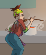 1girl apron artist:artisano ass brown_hair colored cooking female hips milf nintendo piper pointy_ears skyward_sword soup the_legend_of_zelda // 659x798 // 207KB