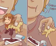 1boy 1girl alpaca animal artist:bishopbb bow brown_hair colored eating eyes_closed food idolm@ster text uzuki_shimamura uzupaka // 1100x901 // 201KB