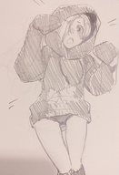 1girl blush embarrassed hood hoodie idolm@ster idolm@ster_cinderella_girls koume_shirasaka oversized_clothes oversized_sleeves panties short_hair traditional_medium // 2420x3550 // 6.2MB