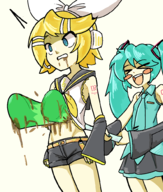 2girls artist:unknown blood celery colored eyes_closed gore gritted_teeth hatsune_miku kagamine_rin laughing murder open_mouth shocked vocaloid // 850x1000 // 132KB