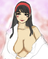 1girl artist:unknown black_hair blush breasts brown_eyes cleavage colored headband lipstick long_hair persona_(series) persona_4 yukiko_amagi // 776x942 // 715KB