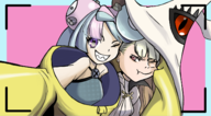 2girls artist:unknown earrings eitri fire_emblem iono jacket multicolored_hair pokemon purple_eyes red_eyes selfie sharp_teeth smile // 1450x800 // 880KB