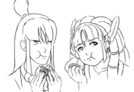 2girls ace_attorney artist:scarmiglione burger crossover eating la-mulana la_mulana maya maya_fey mulbruk phoenix_wright // 1003x696 // 206KB