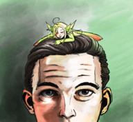 1boy 1girl ahoge artist:inkguy black_hair brown_eyes colored elbow_gloves gloves green_eyes laying_down long_hair monster_girl monster_girl_quest sleep sylph wings // 857x788 // 1.1MB