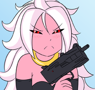 1girl android_21 dbz dragon_ball_fighterz dragonball_fighterz gun parody pose reaction_image // 1000x950 // 354KB