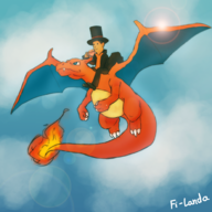 artist:fi-landa charizard crossover hershel_layton pokemon professor_layton riding tea // 2000x2000 // 3.7MB