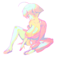 1girl ahoge areola_slip colored dress huge_breasts kimono panties pantyshot sandals short_hair sitting umihara umihara_kawase wink // 1500x1500 // 749KB